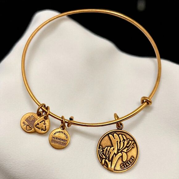 Alex and Ani Sister Charm Bracelet Bangle Adjustable Gold Tone USA Made Y2K - Picture 9 of 14